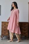 Rhua_Pink Chanderi, Tissue Embroidery Split V-neck Soft Crushed Anarkali Set _Online_at_Aza_Fashions