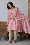 Buy_Rhua_Pink Chanderi, Tissue Embroidery Split V-neck Soft Crushed Anarkali Set _at_Aza_Fashions
