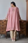 Shop_Rhua_Pink Chanderi, Tissue Embroidery Split V-neck Soft Crushed Anarkali Set _at_Aza_Fashions