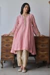 Buy_Rhua_Pink Chanderi, Tissue Embroidery Split V-neck Soft Crushed Anarkali Set _Online_at_Aza_Fashions