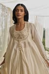 Rhua_White Chanderi Embroidery, Beads Round Neck Moon Anarkali Set _Online_at_Aza_Fashions