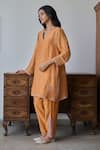 Shop_Rhua_Mustard Chanderi Metallic Thread, Mirrors V-neck Orange Kurta Set _Online_at_Aza_Fashions