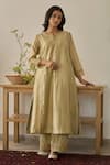 Rhua_Green Chanderi, Organza Embroidery Split V-neck Soft Anarkali Set _Online_at_Aza_Fashions
