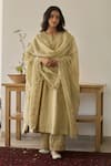 Buy_Rhua_Green Chanderi, Organza Embroidery Split V-neck Soft Anarkali Set _at_Aza_Fashions