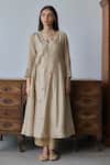 Rhua_Brown Chanderi, Organza Embroidery Split V-neck Anarkali Set _Online_at_Aza_Fashions