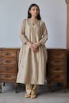 Buy_Rhua_Brown Chanderi, Organza Embroidery Split V-neck Anarkali Set _Online_at_Aza_Fashions