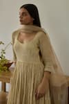Rhua_Gold Chanderi, Cotton, Organza Embroidery Scoop Neck Almond Anarkali Set _Online_at_Aza_Fashions