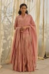Buy_Rhua_Pink Chanderi Embroidery, Mirrors V-neck Soft Gota-lined Kurta Lehenga Set _at_Aza_Fashions