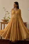 Rhua_Yellow Chanderi, Cotton, Organza Embroidery Canary Anarkali Set _at_Aza_Fashions