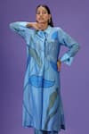 Buy_Label Radini_Blue Silk Collared Serene Wave Long Kurta Set _Online_at_Aza_Fashions