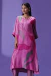 Buy_LABEL RADINI_Pink Silk Round Neck Wildflower Muse Long Kurta Set _Online_at_Aza_Fashions