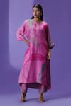 Buy_LABEL RADINI_Pink Silk Round Neck Wildflower Muse Long Kurta Set _at_Aza_Fashions
