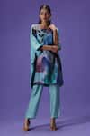 LABEL RADINI_Blue Silk Round Neck Serene Blossom Printed Kurta Set _Online_at_Aza_Fashions