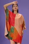 LABEL RADINI_Peach Silk Round Neck Tangerine Bliss Mid Length Kaftan Set _Online_at_Aza_Fashions