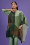 LABEL RADINI_Green Silk Round Neck Olive Poise Short Kaftan Set _at_Aza_Fashions