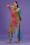 Buy_LABEL RADINI_Multi Color Silk Collared Mystic Petals Long Kurta Set _at_Aza_Fashions