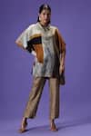 LABEL RADINI_Gray Silk Collared Mocha Mirage Kaftan Set _Online_at_Aza_Fashions