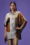 Shop_LABEL RADINI_Gray Silk Collared Mocha Mirage Kaftan Set _Online_at_Aza_Fashions