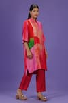 LABEL RADINI_Pink Silk Collared Color Block Printed Kurta Set _Online_at_Aza_Fashions