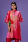 LABEL RADINI_Pink Silk Collared Color Block Printed Kurta Set _at_Aza_Fashions