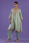 Shop_Label Radini_Blue Chanderi Embroidery V-neck Pastel Kashmiri Tilla Set _Online_at_Aza_Fashions