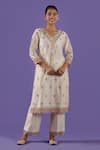 LABEL RADINI_Ivory Chanderi Zari V-neck Pearl Kurta Set _Online_at_Aza_Fashions