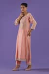 LABEL RADINI_Peach Chanderi Embroidery Round Neck Tilla Kurta Set _Online_at_Aza_Fashions