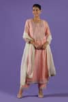 Buy_LABEL RADINI_Peach Chanderi Embroidery Round Neck Tilla Kurta Set _at_Aza_Fashions