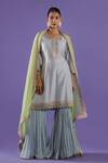 Buy_LABEL RADINI_Blue Chanderi Embroidery Round Neck Mist Sharara Set _at_Aza_Fashions