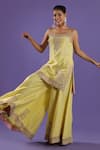 LABEL RADINI_Yellow Chanderi Embroidery Open Neck Lemon Sharara Kurta Set _Online_at_Aza_Fashions
