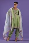 Buy_LABEL RADINI_Mint Chanderi Zari, Pearls Round Neck Green Choga Set _at_Aza_Fashions
