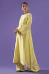 LABEL RADINI_Yellow Chanderi Embroidery Round Neck Lemon Palazzo And Choga Kurta Set _Online_at_Aza_Fashions