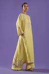 Buy_LABEL RADINI_Yellow Chanderi Embroidery Round Neck Lemon Palazzo And Choga Kurta Set _Online_at_Aza_Fashions