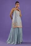 LABEL RADINI_Blue Chanderi Embroidery Open Neck Pastel Sharara Set _Online_at_Aza_Fashions