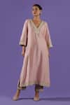 LABEL RADINI_Blush Chanderi Zari, Tassels V-neck Pink Tilla A-line Set _Online_at_Aza_Fashions