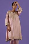 Label Radini_Blush Chanderi Split V-neck Pink Tilla Choga Set _at_Aza_Fashions