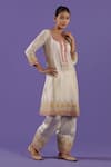 LABEL RADINI_Ivory Chanderi Embroidery Round Neck Tilla Short Kurta Set _Online_at_Aza_Fashions