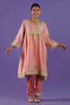 Buy_LABEL RADINI_Peach Chanderi Embroidery Round Neck Kashmiri Tilla Choga Set _at_Aza_Fashions