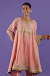 Buy_LABEL RADINI_Peach Chanderi Embroidery Round Neck Kashmiri Tilla Choga Set _Online_at_Aza_Fashions