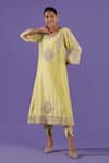 LABEL RADINI_Lavender Chanderi Pearls, Embroidery Round Neck Lemon Aari Dhoti Kurta Set _Online_at_Aza_Fashions