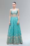 Samyukta Singhania_Turquoise Satin, Polyester Beads, Sequins, Zari, Blue Embroidered Lehenga Set _Online_at_Aza_Fashions
