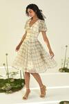 BAISE GABA_Beige Chiffon V-neck Cloudwalk Fit And Flare Dress _Online_at_Aza_Fashions