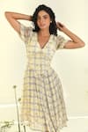 Buy_BAISE GABA_Beige Chiffon V-neck Cloudwalk Fit And Flare Dress _Online_at_Aza_Fashions
