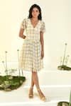 Buy_BAISE GABA_Beige Chiffon V-neck Cloudwalk Fit And Flare Dress _at_Aza_Fashions