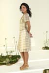 BAISE GABA_Beige Chiffon V-neck Cloudwalk Fit And Flare Dress _at_Aza_Fashions
