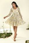 Buy_Baise Gaba_Beige Chiffon V-neck Floral Print Fit And Flare Dress _at_Aza_Fashions