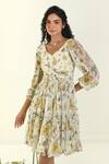 Baise Gaba_Beige Chiffon V-neck Floral Print Fit And Flare Dress _Online_at_Aza_Fashions