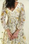 Baise Gaba_Beige Chiffon V-neck Floral Print Fit And Flare Dress _at_Aza_Fashions