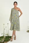 Buy_Baise Gaba_Green Chiffon One Shoulder Floral Midi Dress _at_Aza_Fashions