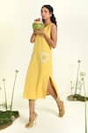 Baise Gaba_Yellow Cotton, Linen Embroidery V-neck Sunshine Midi Dress _Online_at_Aza_Fashions